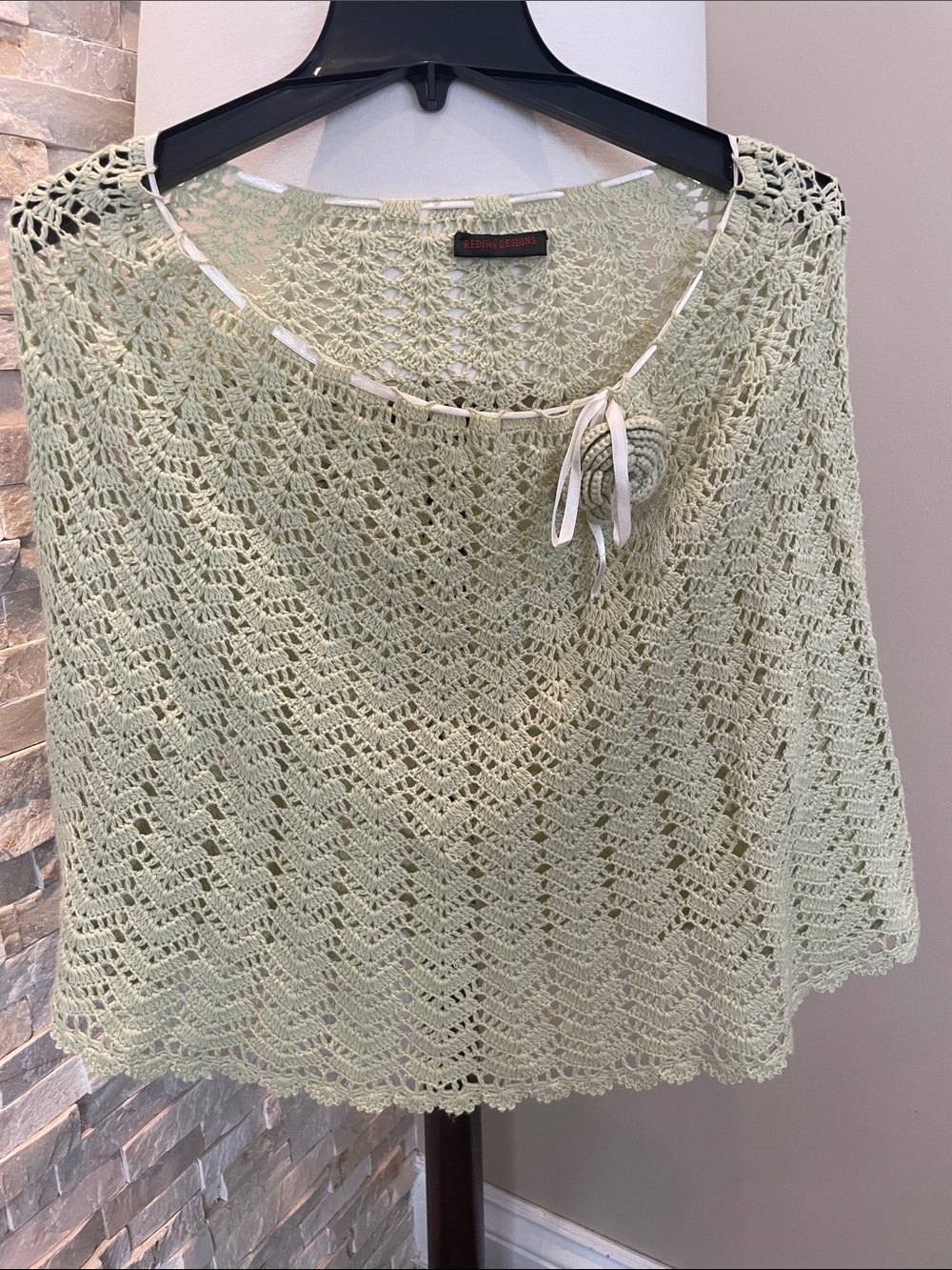 5/$25 Crocheted Light Green Poncho with Ribbon Rosette